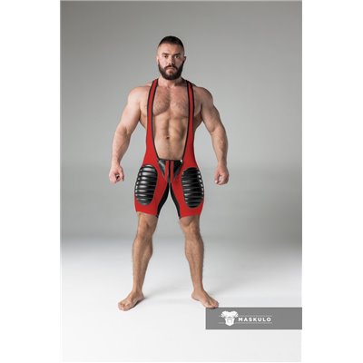 MASKULO - Wrestling Singlet Codpiece Open Rear Thigh Pads Red